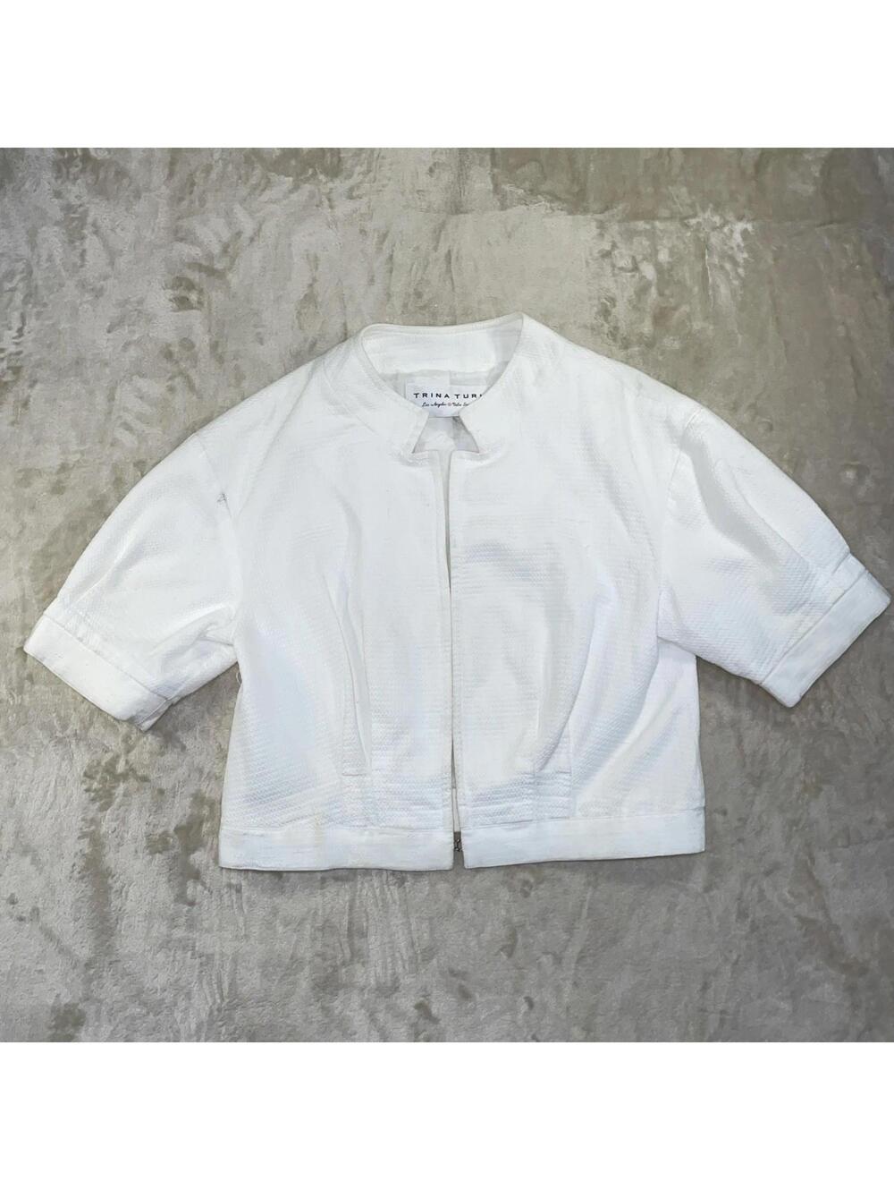 Trina Turk Womens Cropped Short Sleeve Blazer White Waffle Textured Sz 4 FLAW